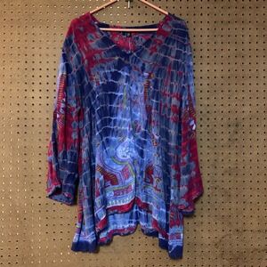 GreaterGood Tie Dye Tunic Top Plus Size 3XL Long Sleeve V Neck Rayon India Boho